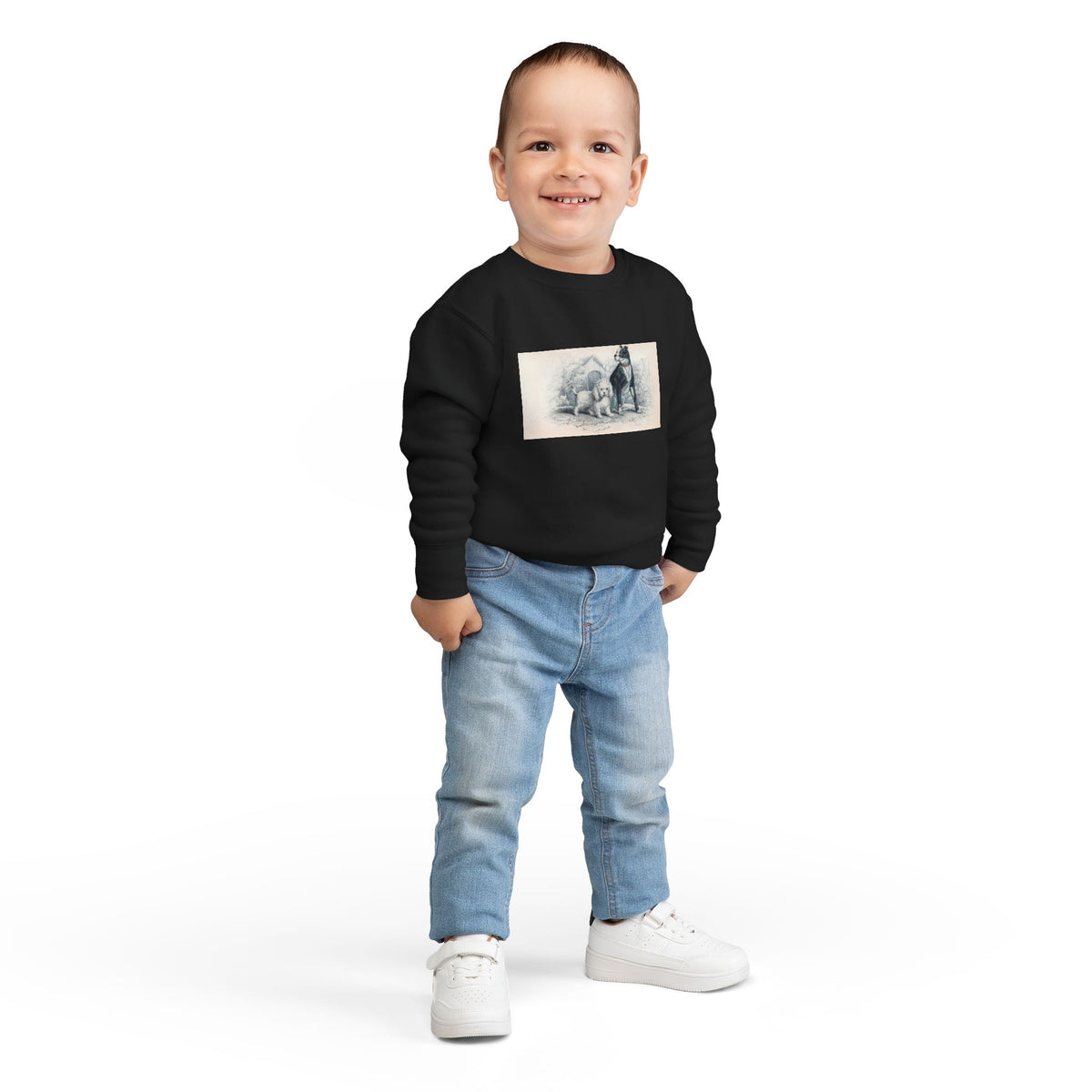 Vintage Dog Illustration Toddler Sweatshirt — Cute Puppy & Doberman Crewneck